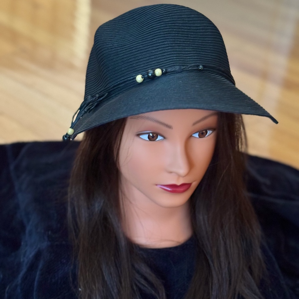 Black straw hat with beads